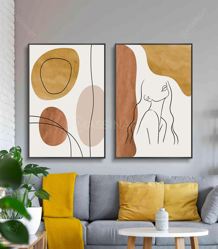 Cuadro Isolated panel izquierdo — formas abstractas en ocre y terracota, line art minimalista Massinart