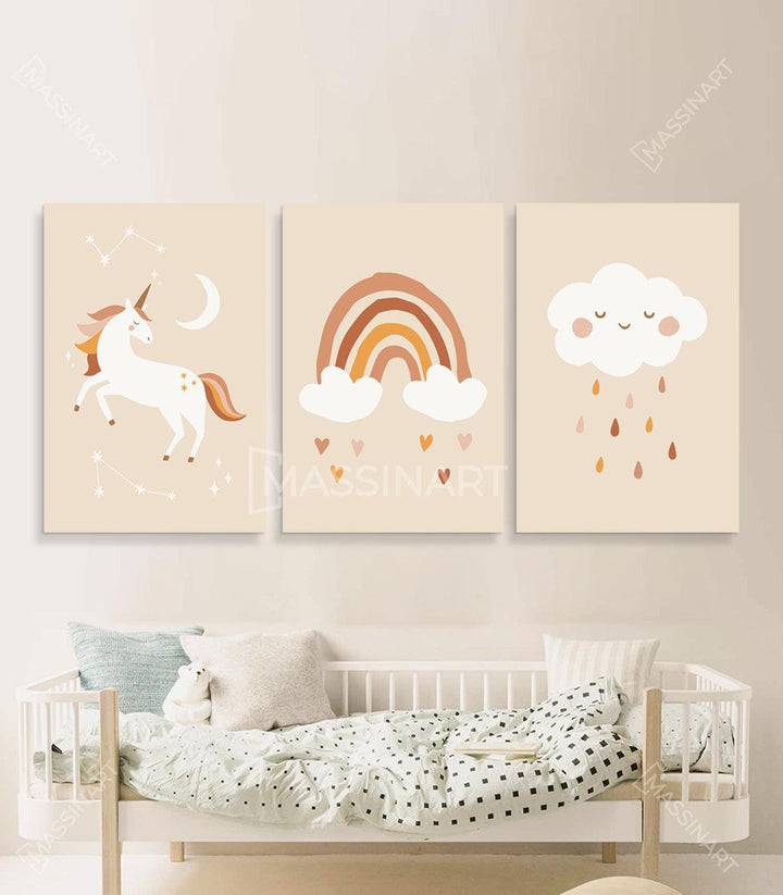 Cuadro decorativo unicornio mágico estrellas beige blanco naranja estilo minimalista Massinart