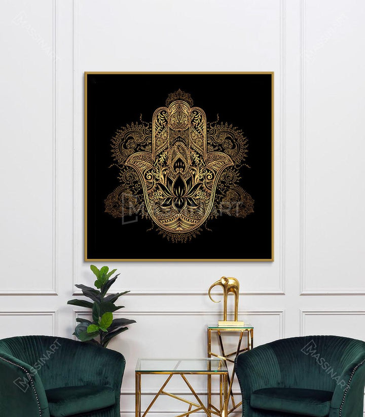 Cuadro Khmissa dorado sobre negro — mano de Fátima con mandala islámico, arte mural decorativo