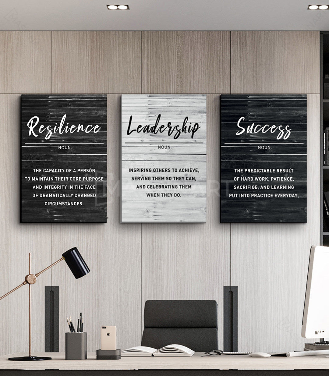 Tríptico decorativo Success Leadership Resilience en negro y blanco estilo minimalista
