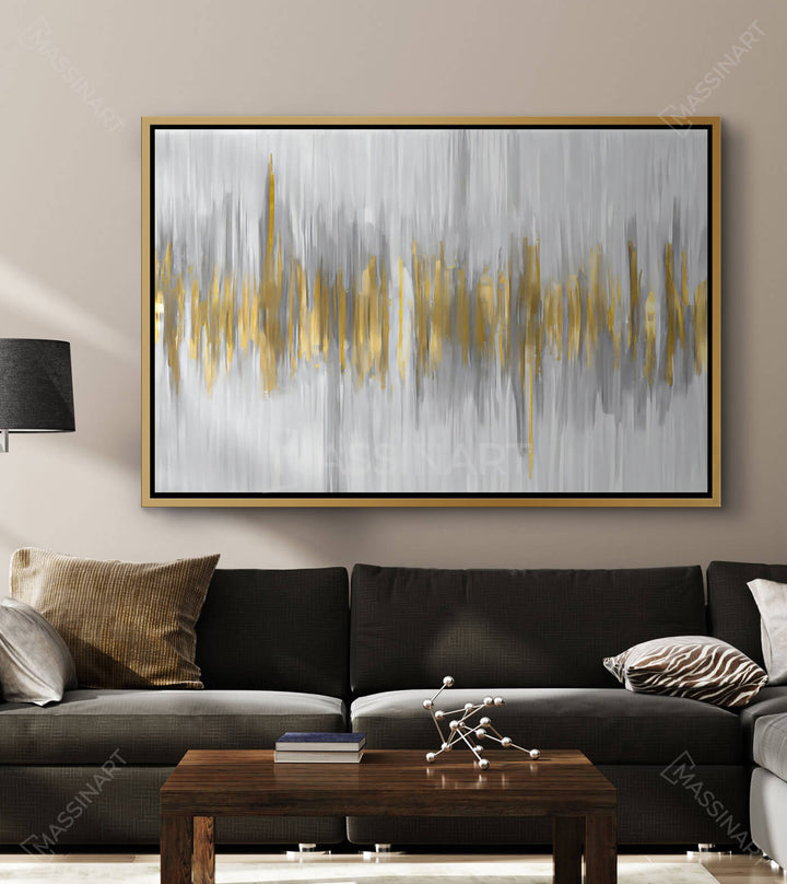 Cuadro abstracto con ondas sonoras en gris y dorado — Massinart