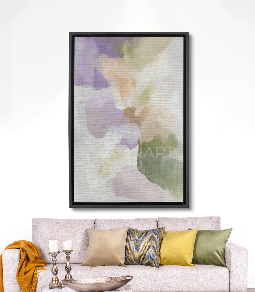 Cuadro Soft Echoes abstracto en acuarela, formas orgánicas en tonos verde salvia, violeta y beige — Massinart
