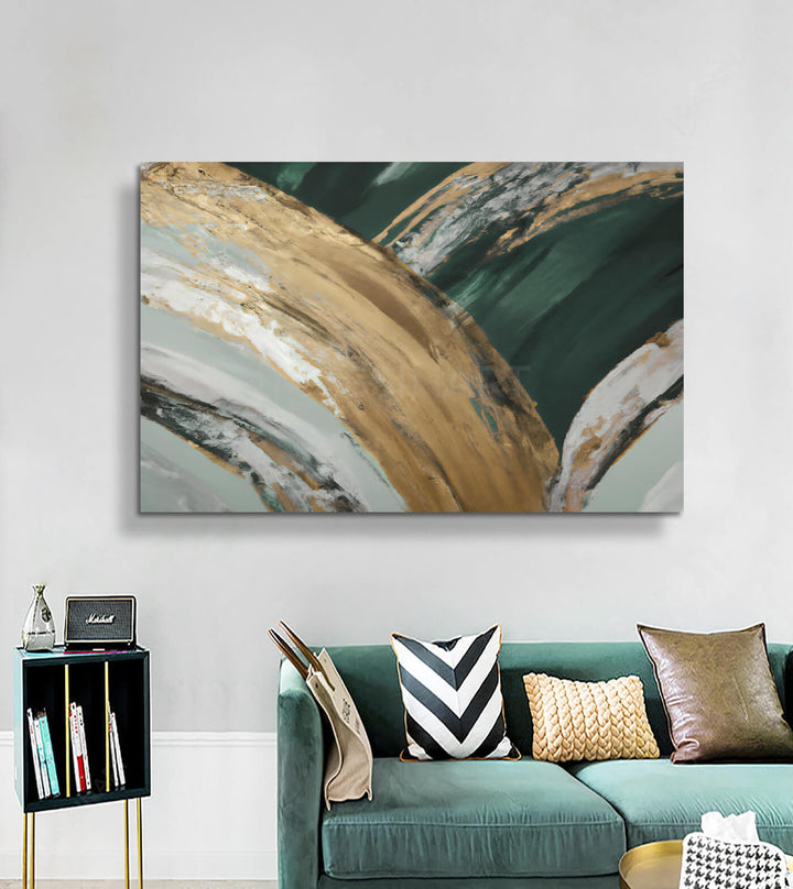 Cuadro Charisma en salón moderno con sofá verde, decoración de pared Massinart