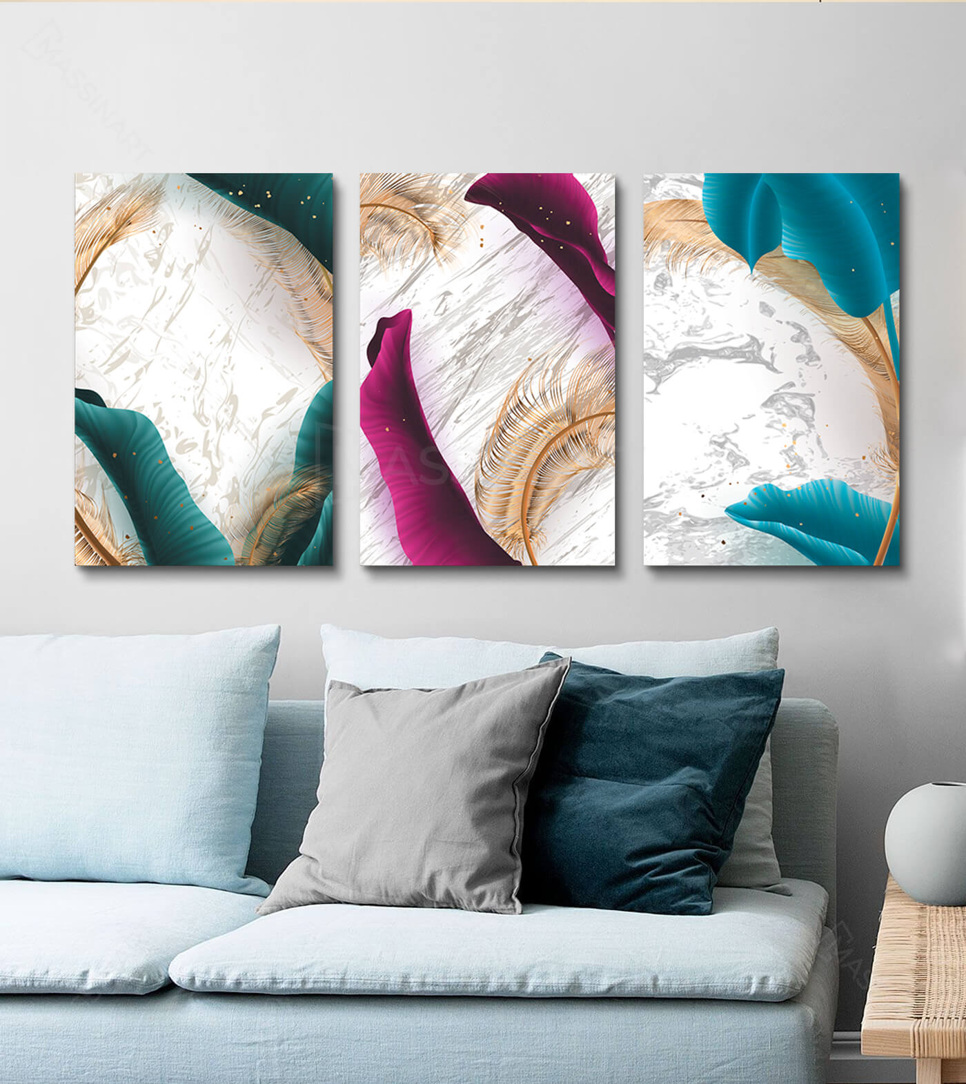 Cuadro abstracto plumas de colores — turquesa y dorado — Massinart