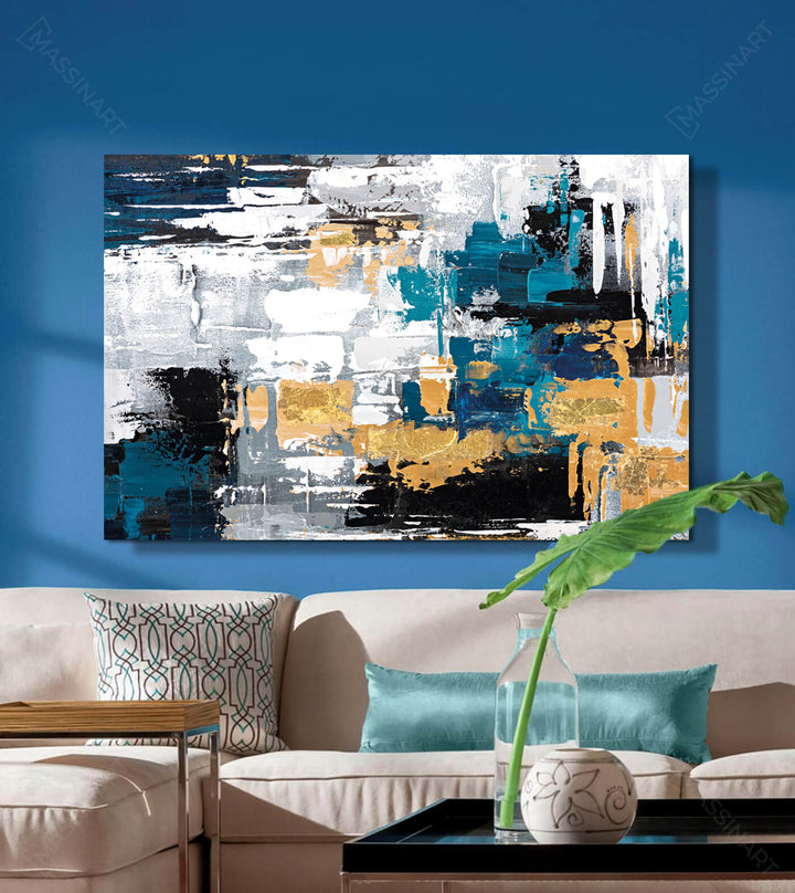 Cuadro abstracto azul Freedom en salón moderno decorado — Massinart