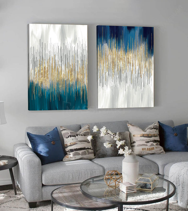Díptico Noble en salón moderno — cuadro abstracto sobre sofá azul decoración pared Massinart