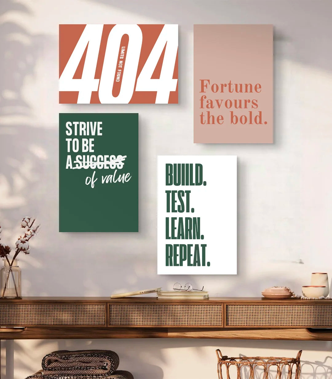 Cuadros con citas motivadoras tipografía minimalista terracota y verde — Massinart