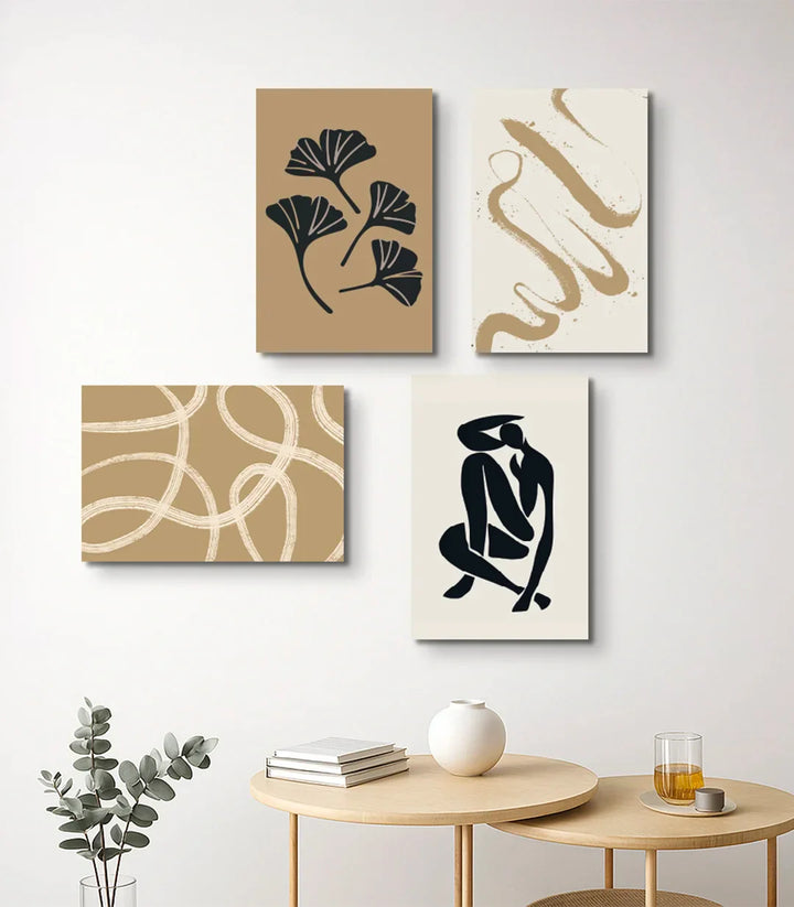 Cuadro decorativo con flor de ginkgo en negro sobre fondo beige, estilo minimalista