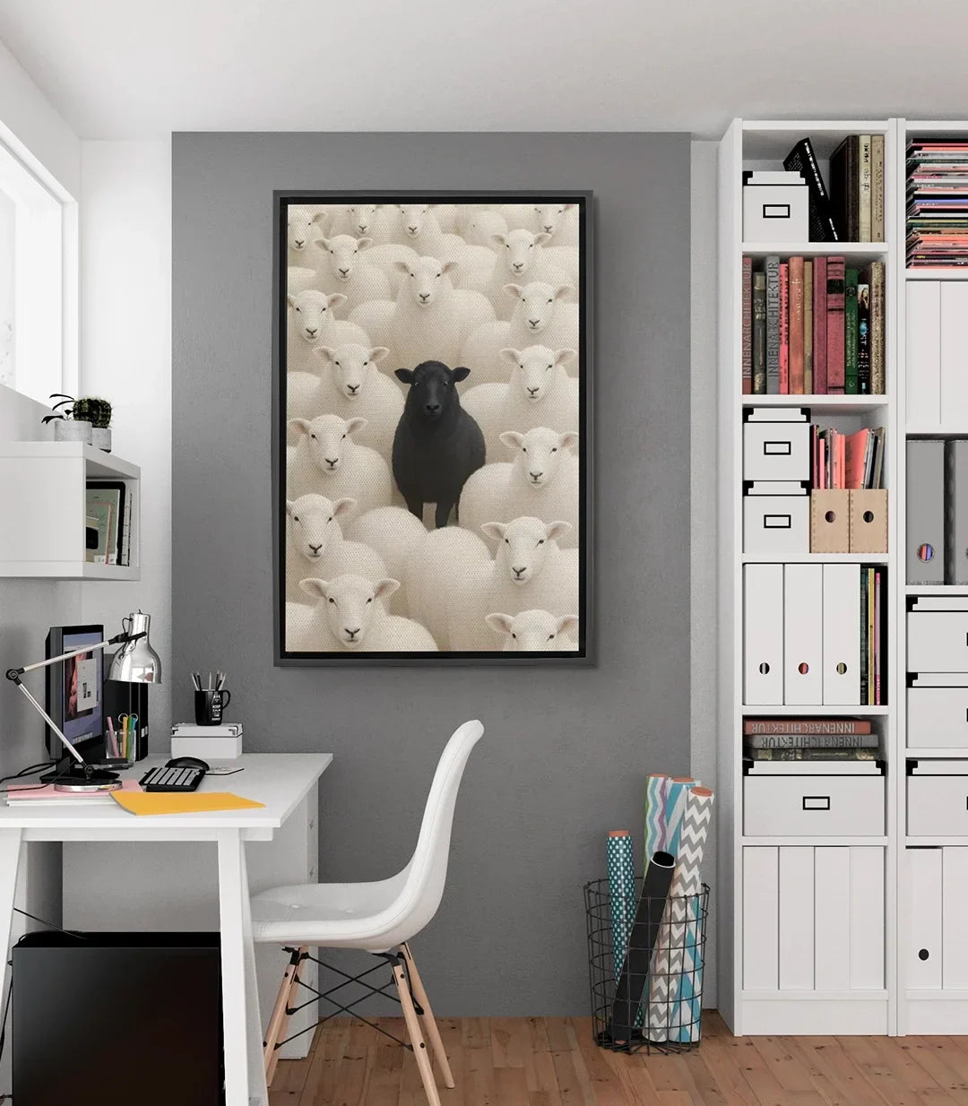 Cuadro Black Sheep oveja negra entre ovejas blancas estilo minimalista Massinart