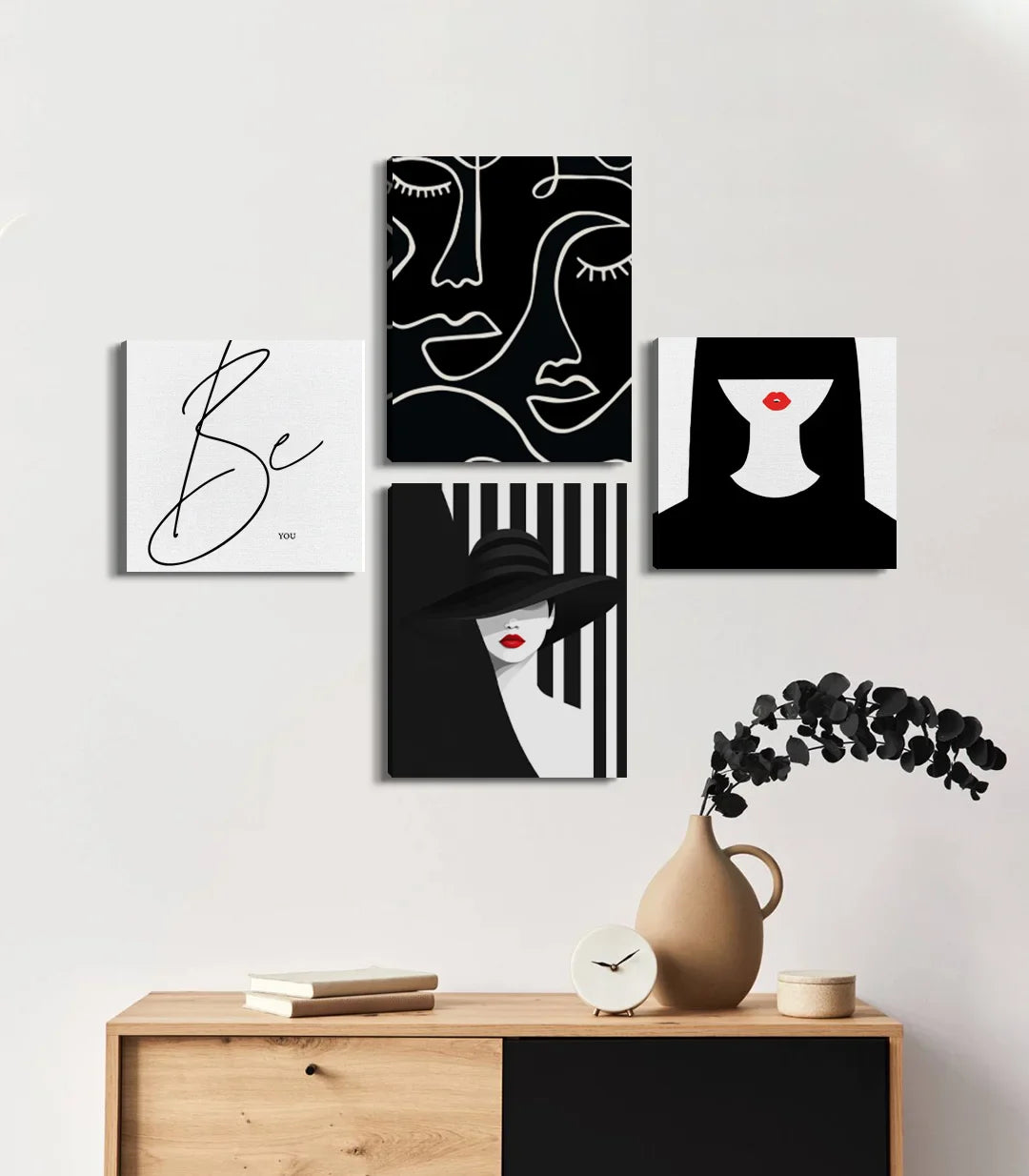 Cuadro rostros minimalistas línea blanca sobre negro — arte mural Massinart
