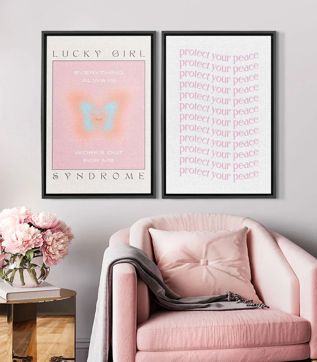 Cuadro Lucky Glow díptico rosa pastel con afirmaciones motivadoras y mariposa azul — Massinart
