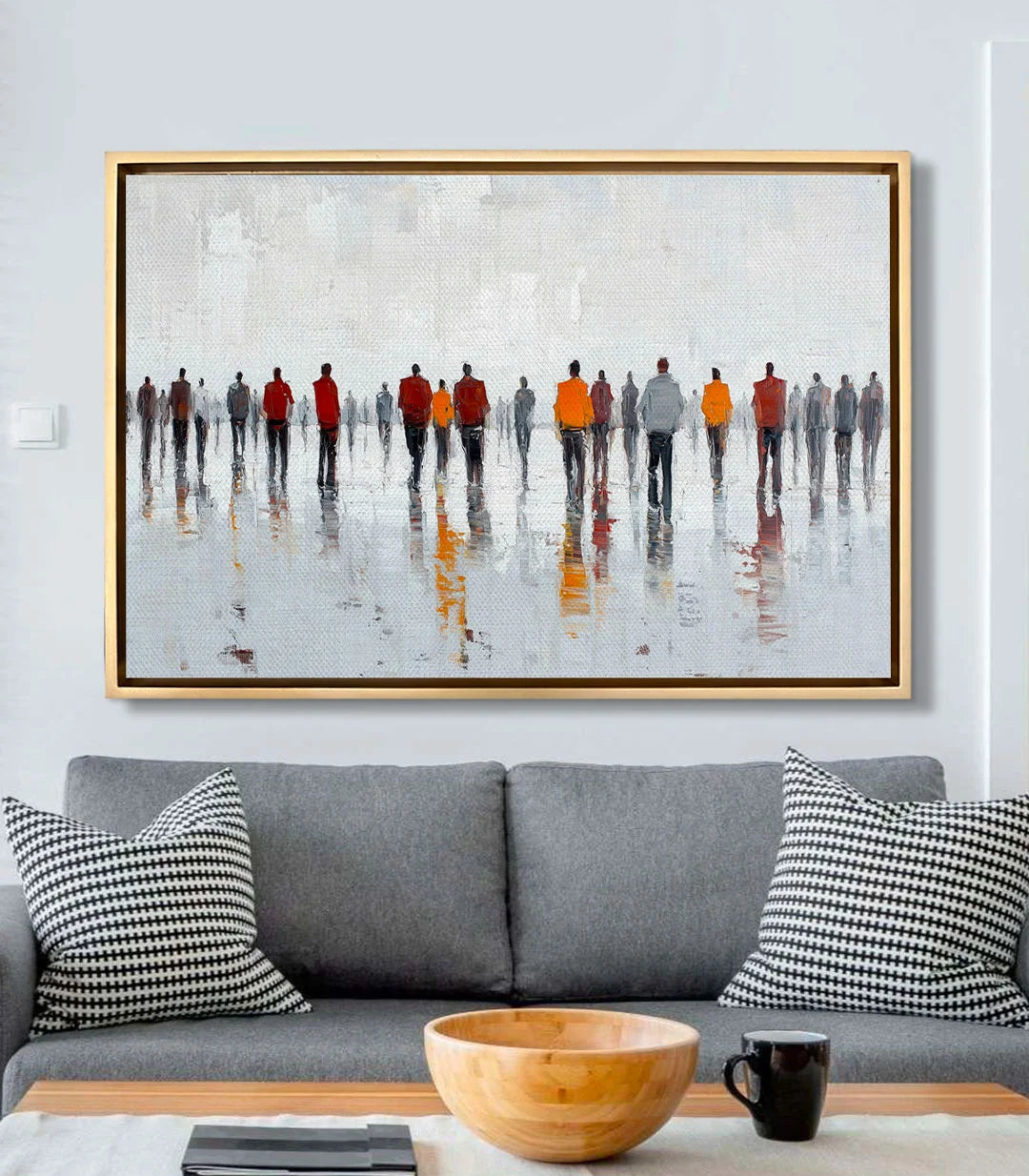 Cuadro Fading Crowd en salón moderno sobre sofá gris — decoración mural contemporánea | Massinart