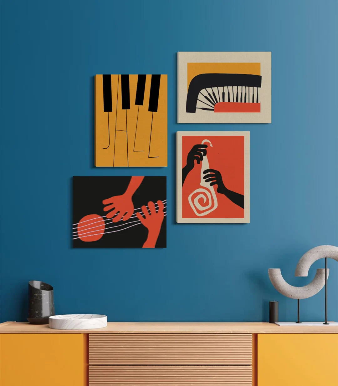 Conjunto Soul Strings — 4 cuadros de música minimalistas piano guitarra acordeón, amarillo rojo negro, Massinart