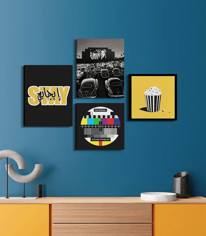Cuadro Stay pop-art amarillo y negro estilo cine vintage Massinart