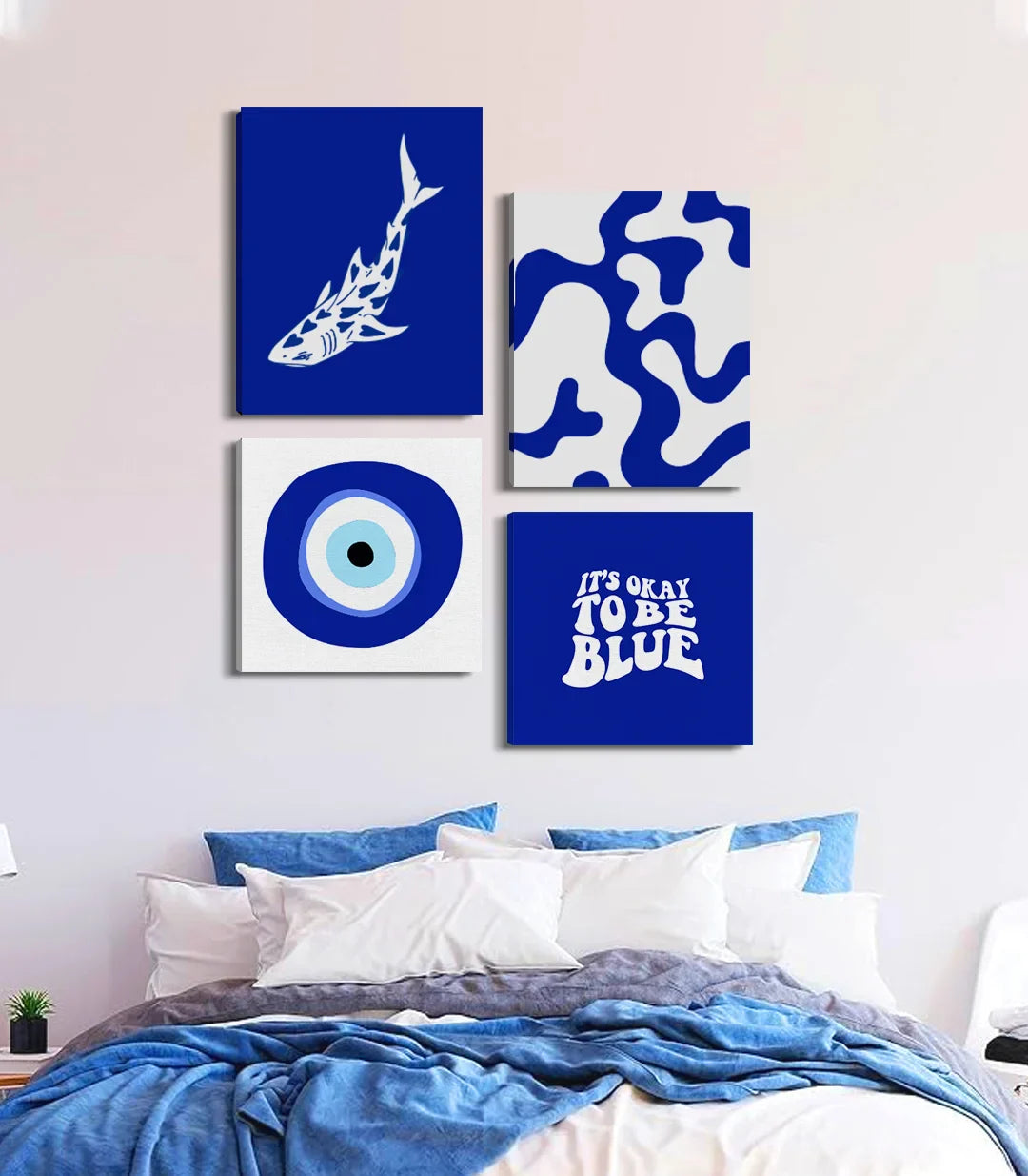 Cuadro decorativo tiburón blanco minimalista fondo azul marino Massinart