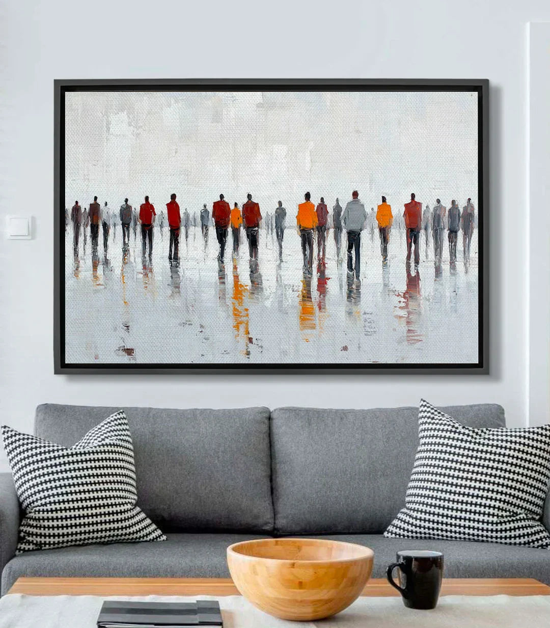 Cuadro Fading Crowd — siluetas abstractas difuminadas sobre fondo gris claro con reflejos de agua, estilo minimalista | Massinart