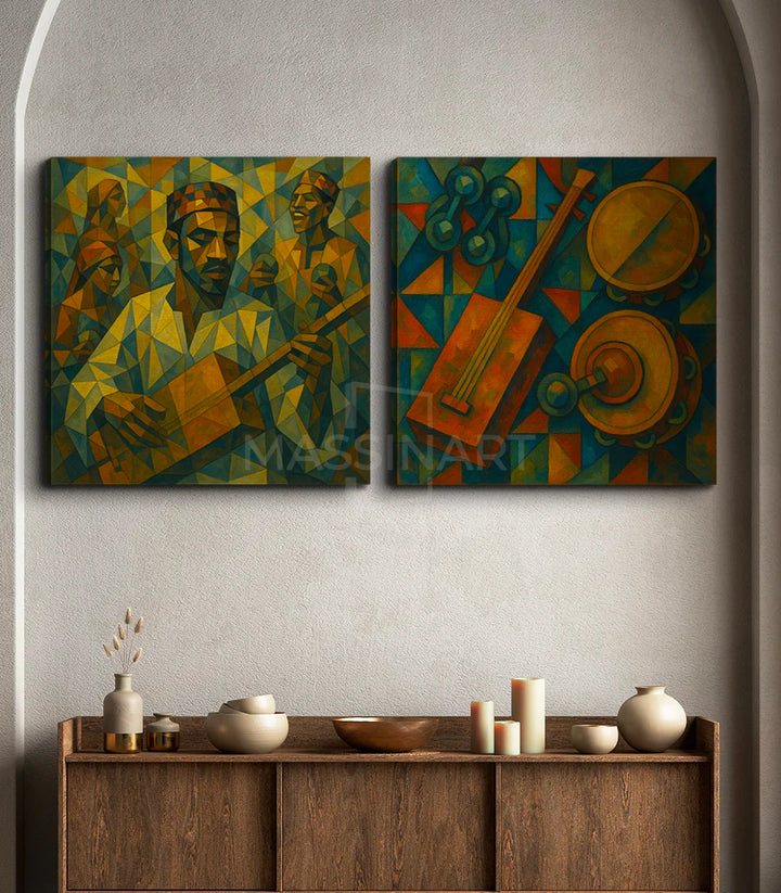 Cuadro Gnaoua Echoes panel derecho — instrumentos gnaoua estilo cubista Massinart