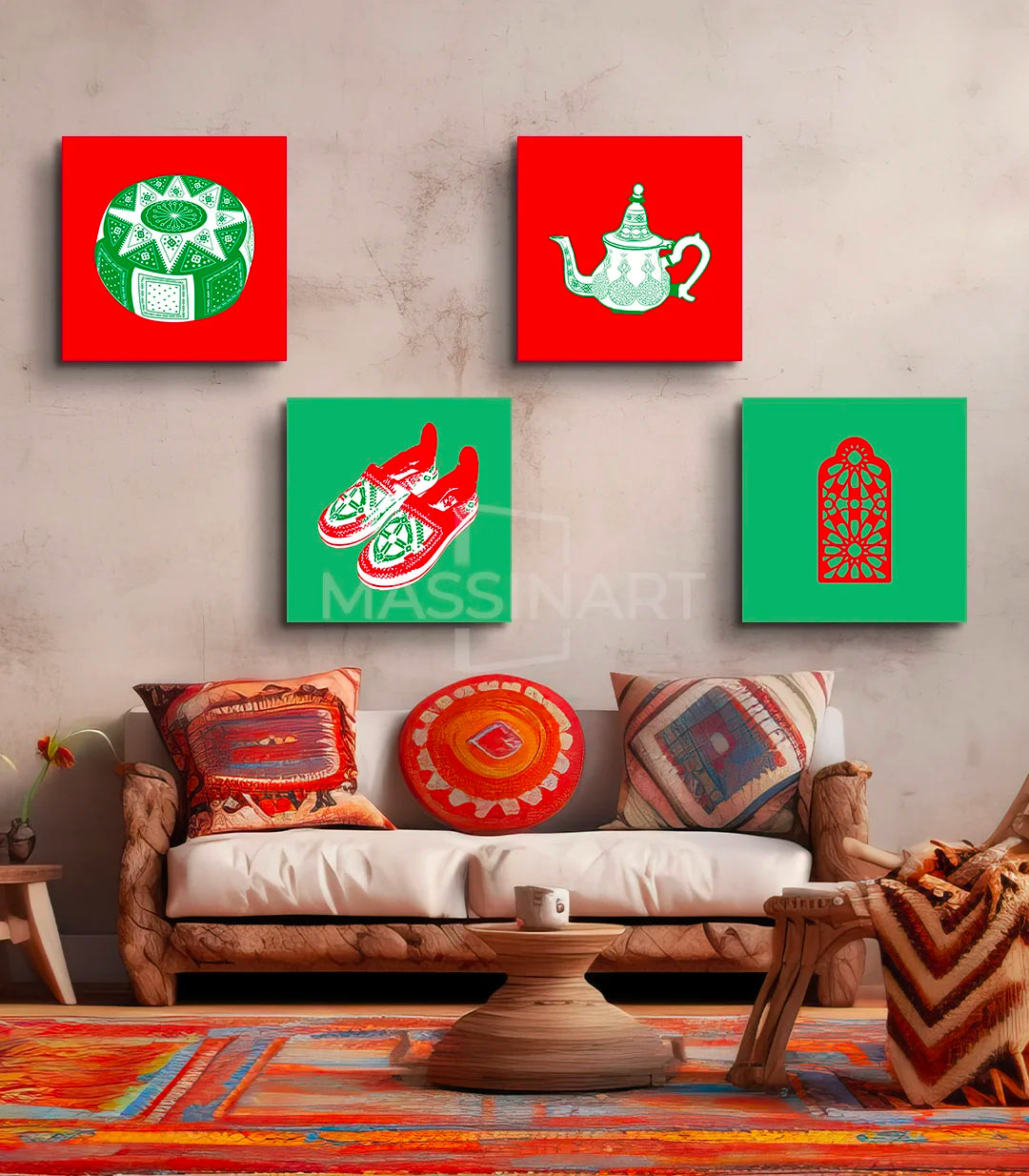 Cuadro decorativo tajín marroquí con zellige verde y blanco sobre fondo rojo, estilo pop-art — Massinart