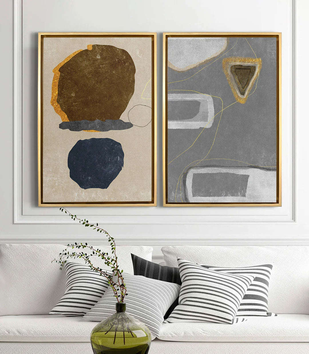 Ambientación salón moderno con díptico Quarry de Massinart — decoración interior minimalista