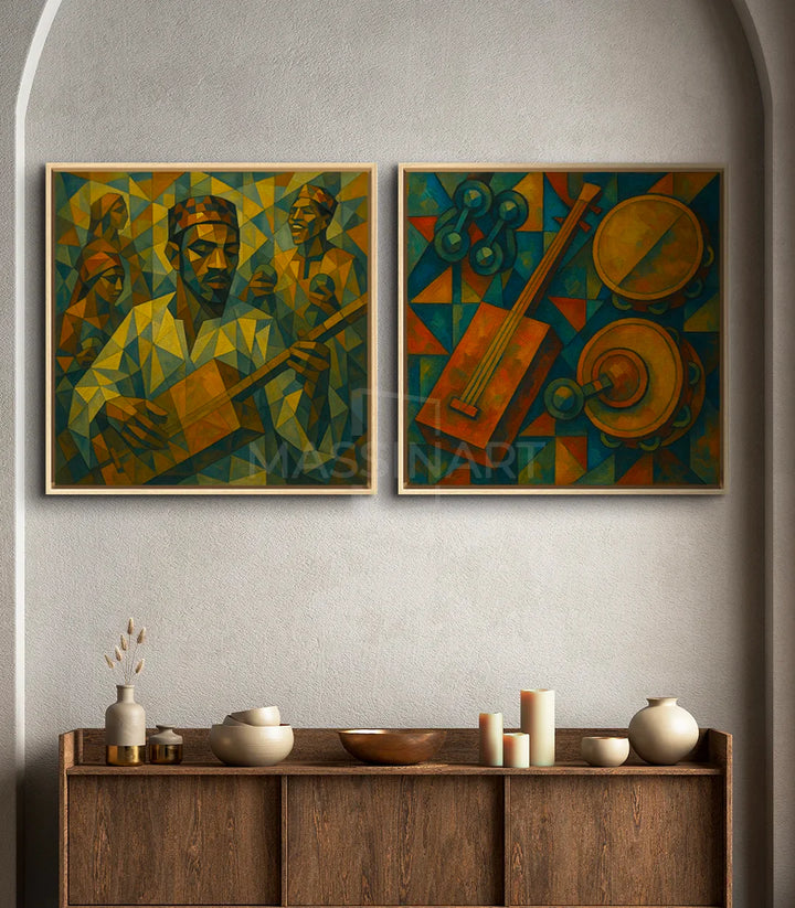 Díptico Gnaoua Echoes en salón moderno — decoración mural Massinart