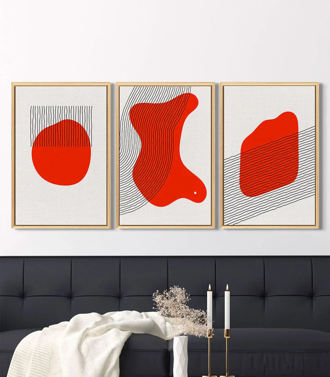 Cuadro geometría roja y trazos finos — panel derecho tríptico minimalista Massinart