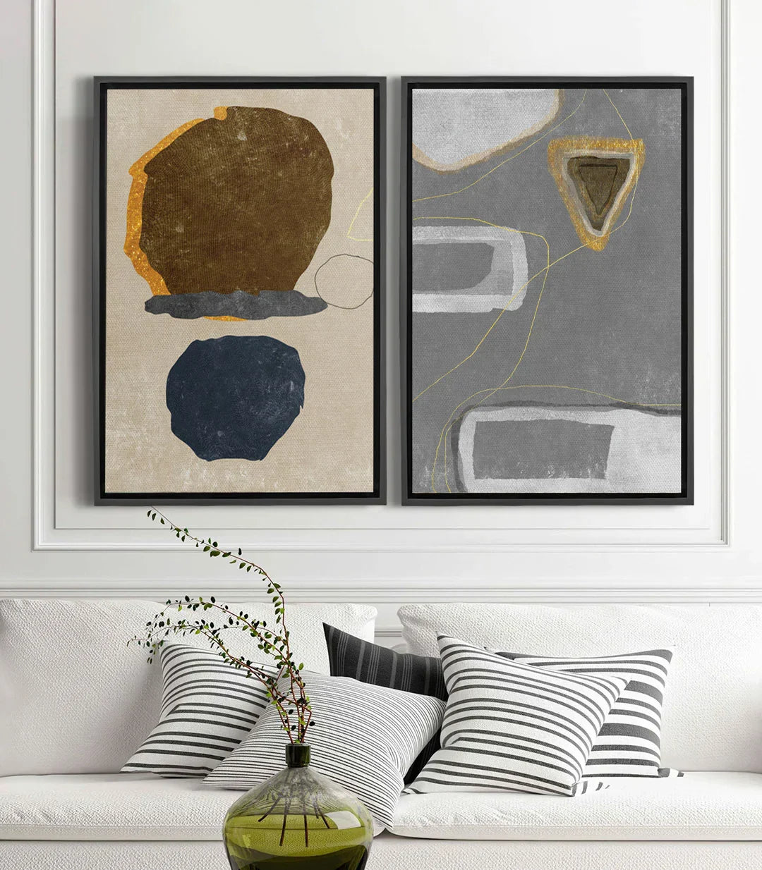 Cuadro Quarry díptico — formas abstractas en beige, negro y dorado sobre fondo neutro, Massinart