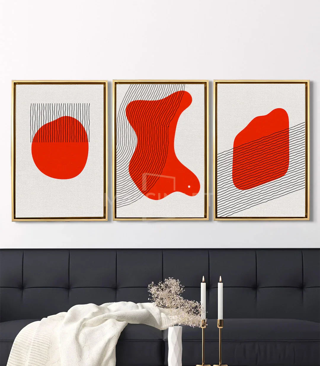 Cuadro forma orgánica roja estilo moderno — panel central tríptico Massinart