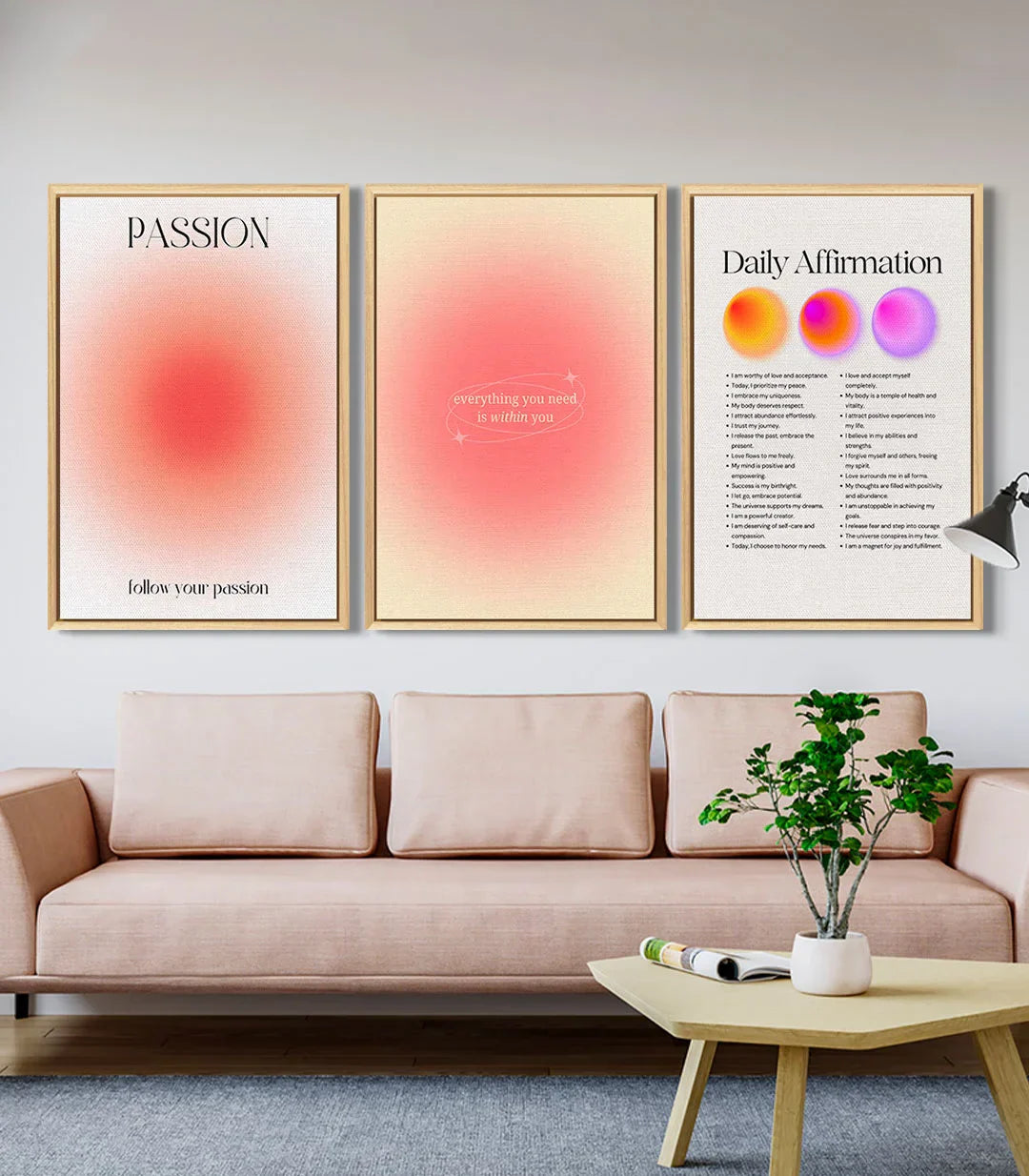 Tríptico Daily Affirmation — círculos en rosa, naranja y violeta sobre fondo claro, Massinart
