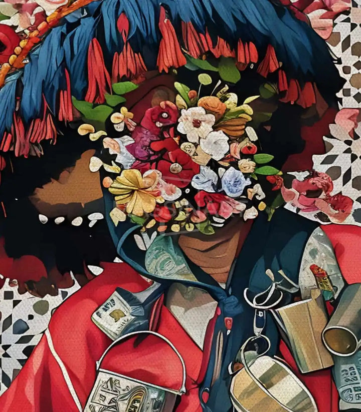 Cuadro Floral Guerrab Massinart — paleta de colores rosa, azul, rojo y dorado de la obra