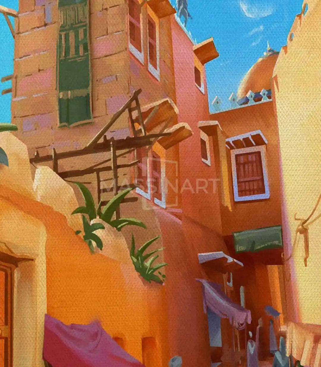 Simulación despacho con cuadro Golden Alley arquitectura marroquí ambiente mediterráneo — Massinart