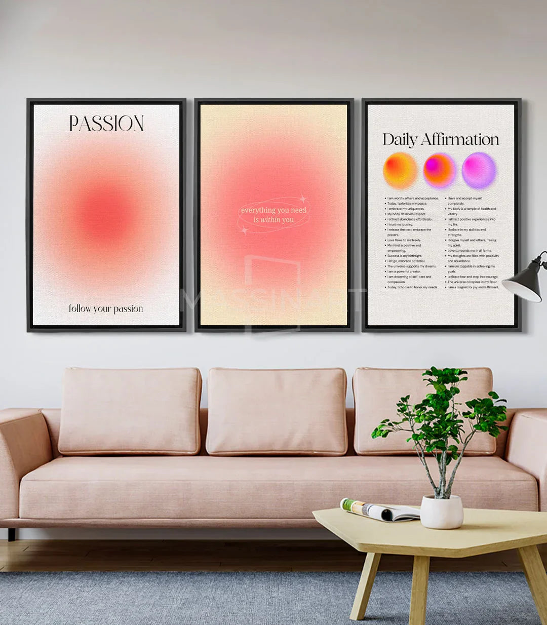 Cuadro Power Within tríptico — degradado rosa minimalista sobre lienzo canvas, Massinart
