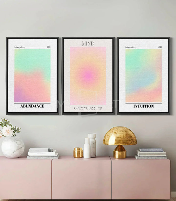 Cuadro Abundance tríptico Massinart — degradado pastel verde rosa amarillo
