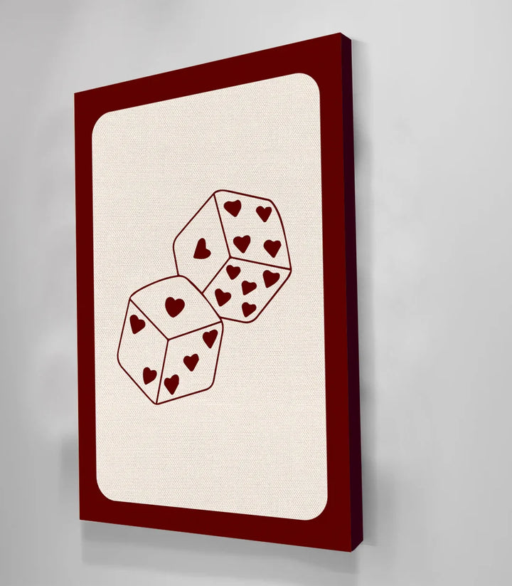 Cuadro dados corazón Massinart — dos dados sobre fondo crema burdeos, decoración moderna