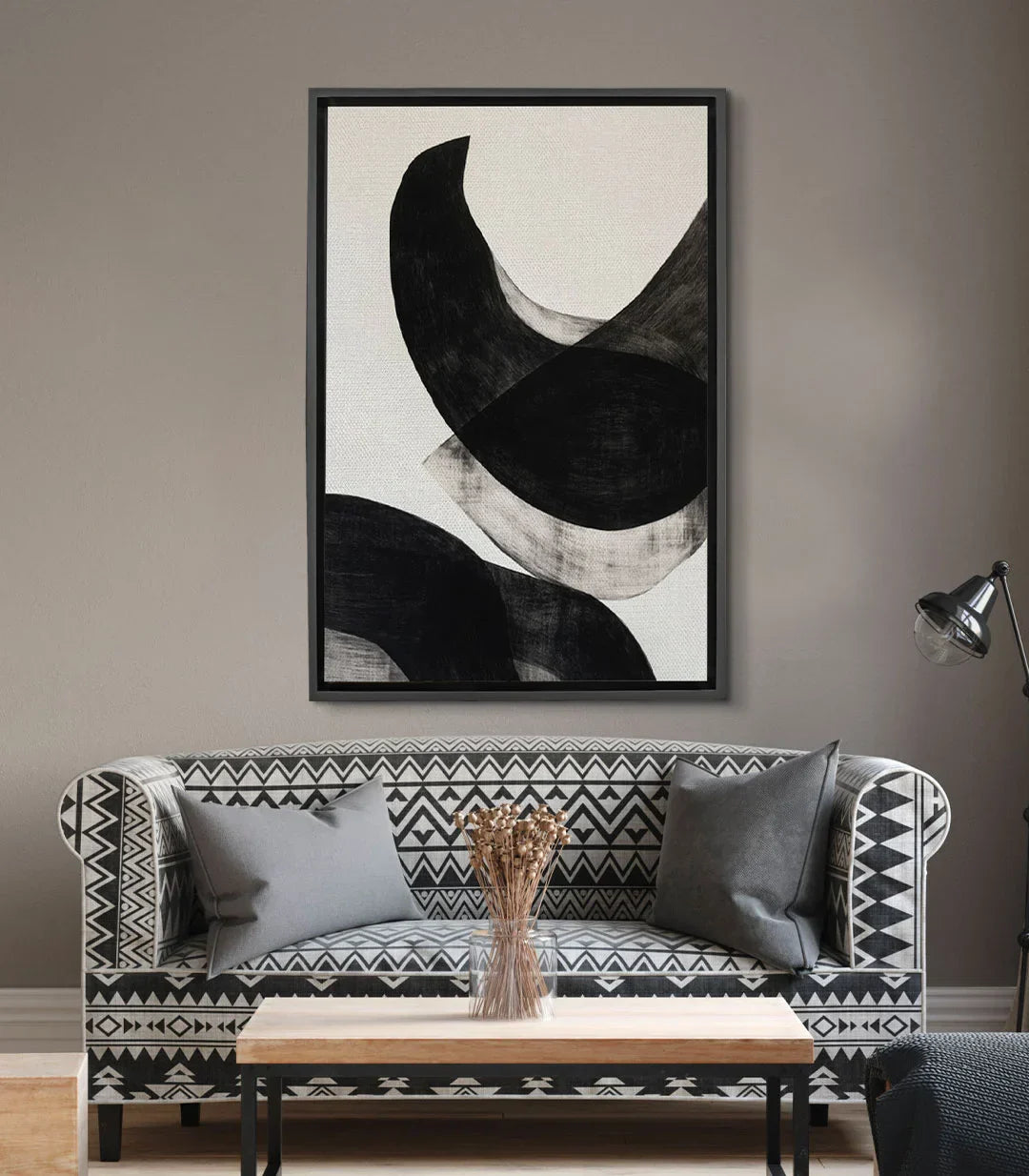 Cuadro Ink Mirage abstracto con curvas negras fluidas sobre fondo blanco — Massinart