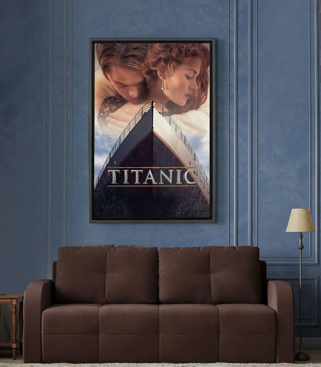 Cuadro cartel Titanic con pareja y barco, tonos cálidos marrones — Massinart