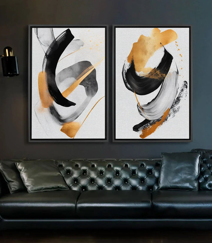 Cuadro Lustre abstracto díptico — formas negras y blancas con acentos dorados, Massinart