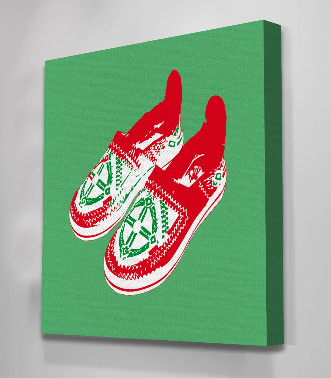 Cuadro babuchas rojas con motivos de zellige sobre fondo verde — Massinart