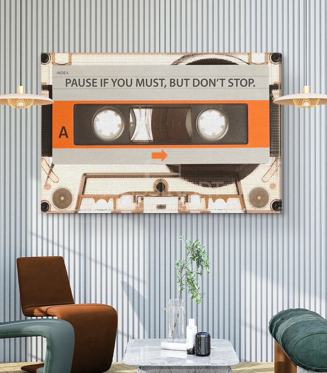 Cuadro pop-art Don't Stop — detalle casete audio estilo retro