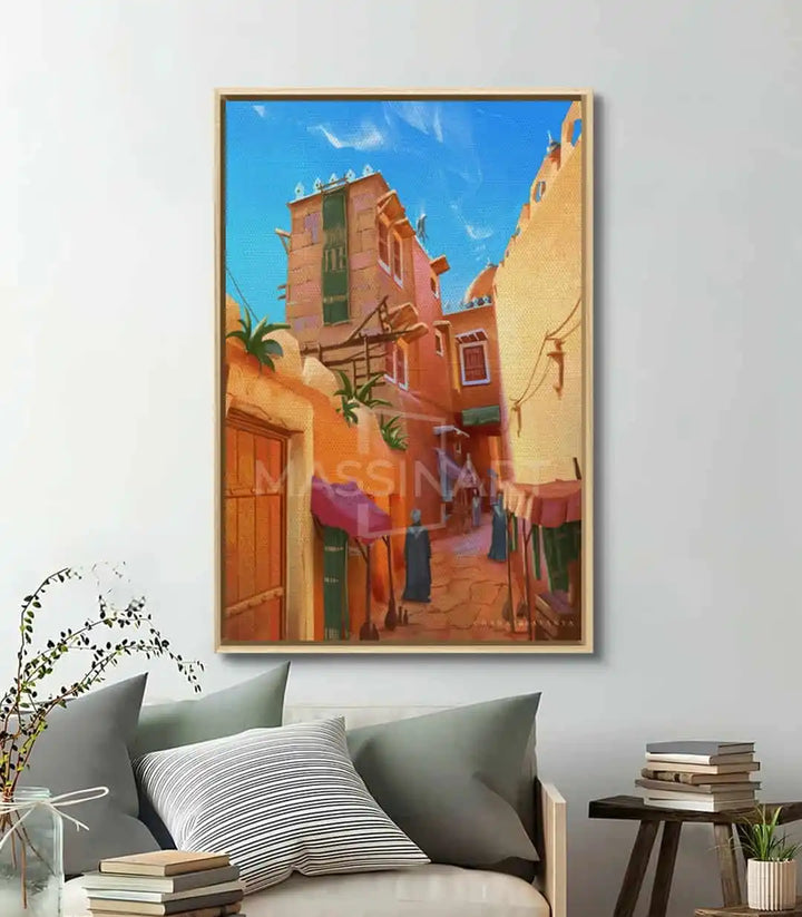 Decoración interior salón con cuadro contemporáneo Golden Alley callejón marroquí — Massinart
