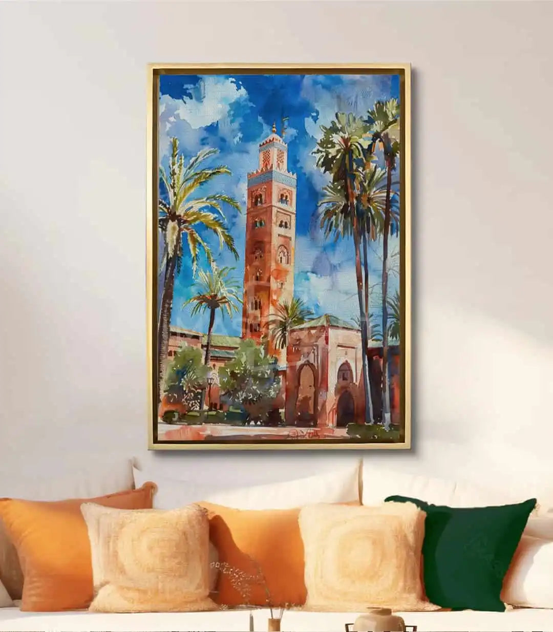 Cuadro Koutoubia Marrakech en salón moderno, decoración mural de inspiración marroquí, Massinart