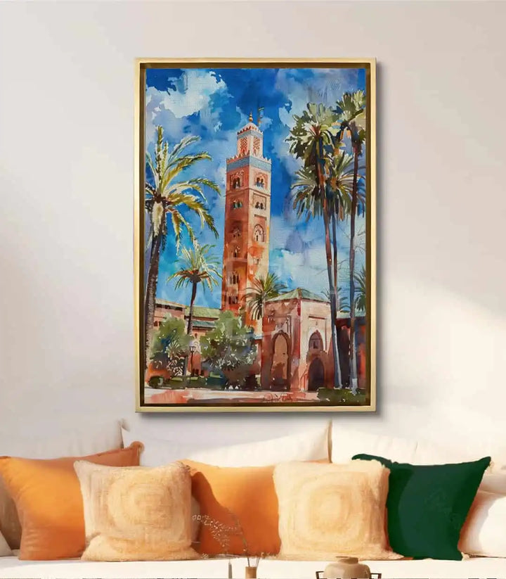 Cuadro Koutoubia Marrakech en salón moderno, decoración mural de inspiración marroquí, Massinart