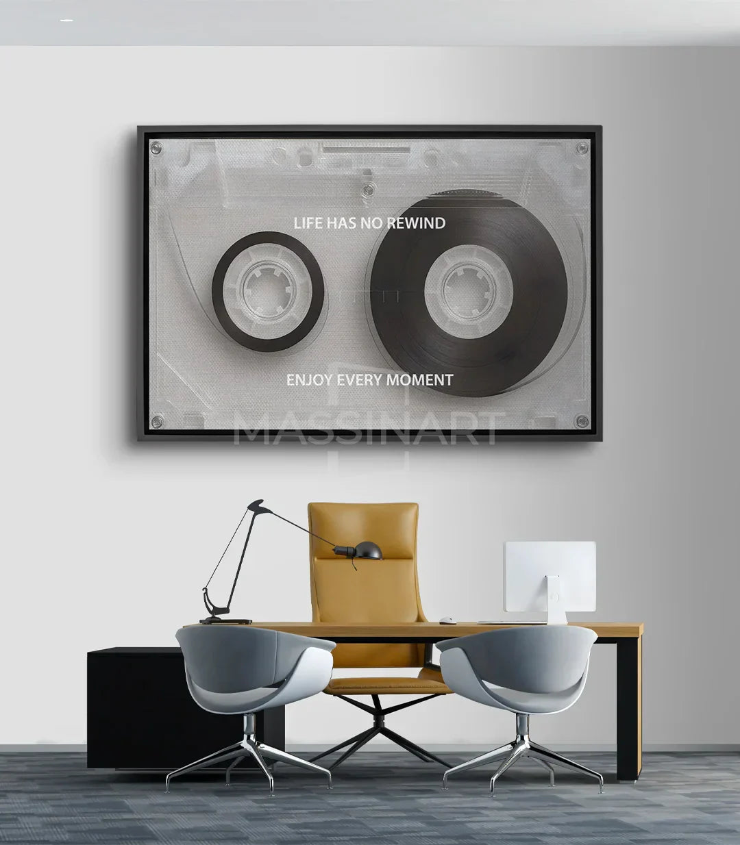 Cuadro casete vintage en blanco y negro Life Has No Rewind — Massinart
