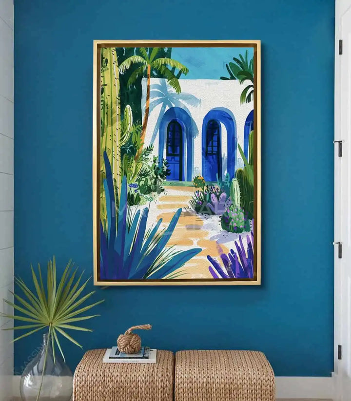 Cuadro Blue Haven en salón moderno con decoración azul turquesa, Massinart