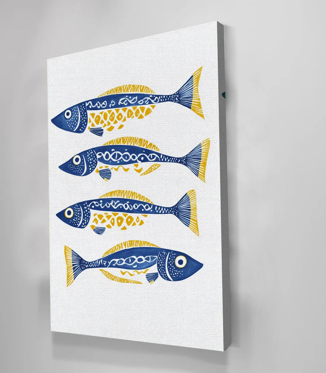 Cuadro peces estilizados azul dorado para decoración cocina