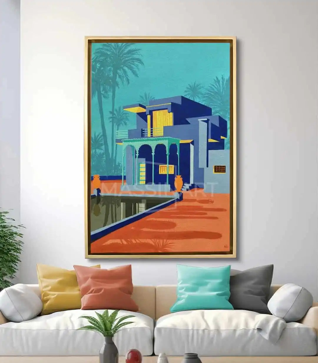 Cuadro Villa Majorelle Massinart en salón moderno — decoración turquesa y naranja