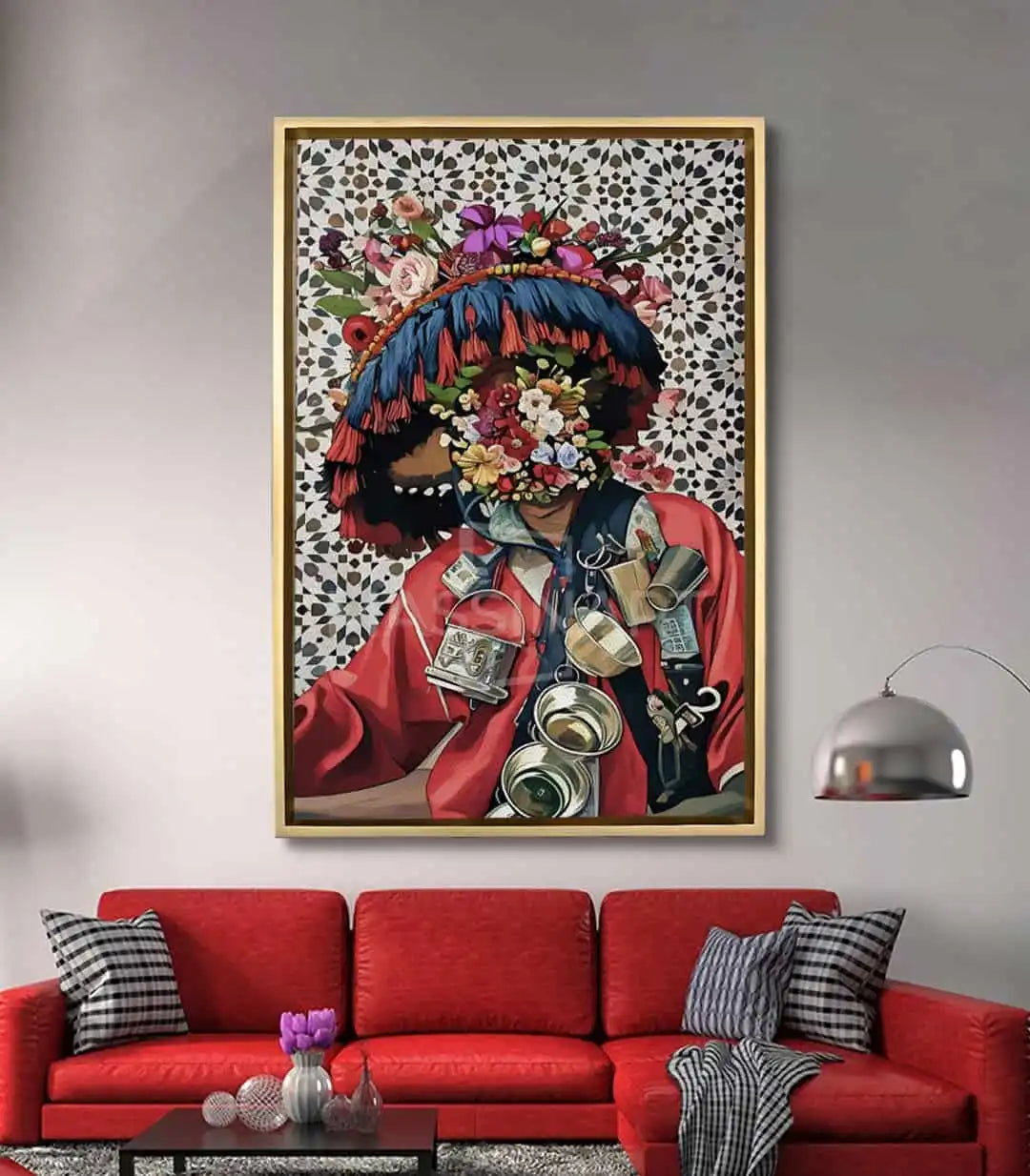 Cuadro Floral Guerrab Massinart — ambientación en salón moderno sobre sofá rojo, decoración de pared contemporánea