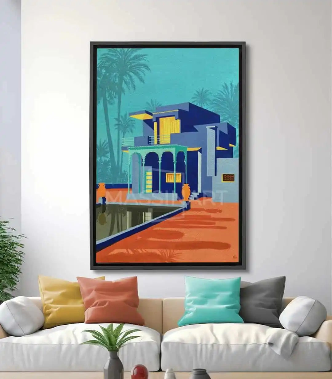 Cuadro Villa Majorelle Massinart — arquitectura Art Déco en turquesa y naranja con palmeras