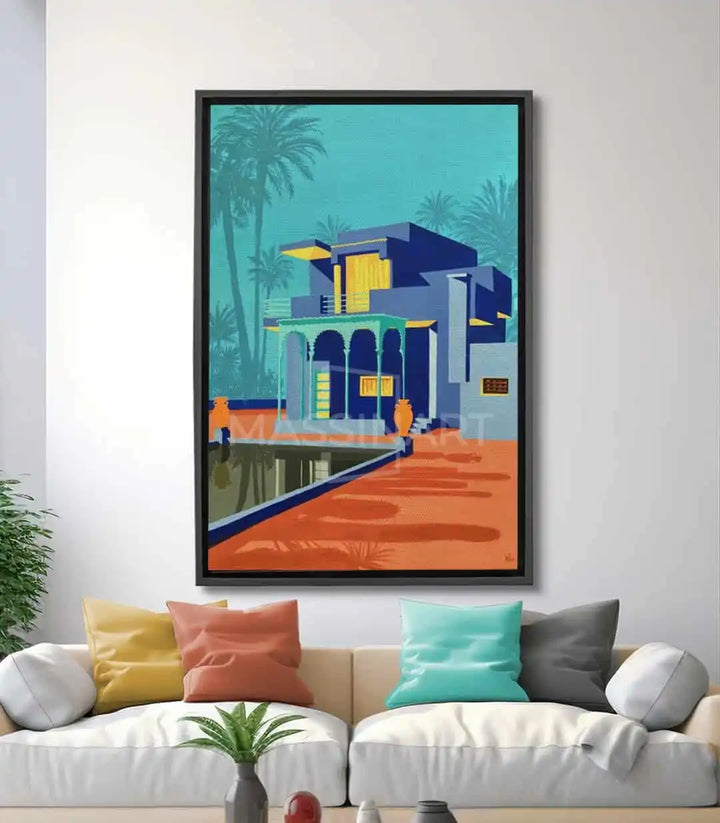 Cuadro Villa Majorelle Massinart — arquitectura Art Déco en turquesa y naranja con palmeras
