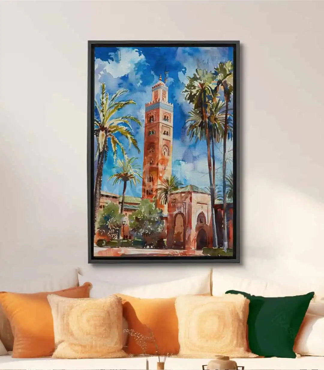 Cuadro Koutoubia Marrakech — minarete de la mezquita con palmeras y cielo azul, Massinart