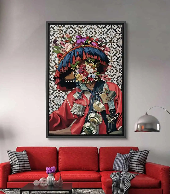 Cuadro Floral Guerrab Massinart — retrato mujer con flores rosas y azules y chaqueta roja, estilo pop-art marroquí